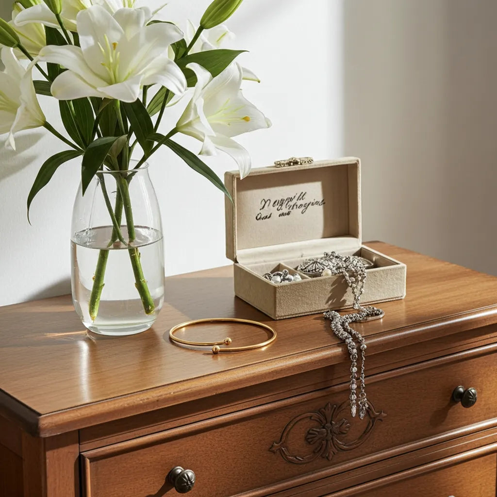 Jewelry box with jewelry on a wooden dresser next to a vase of white lilies.