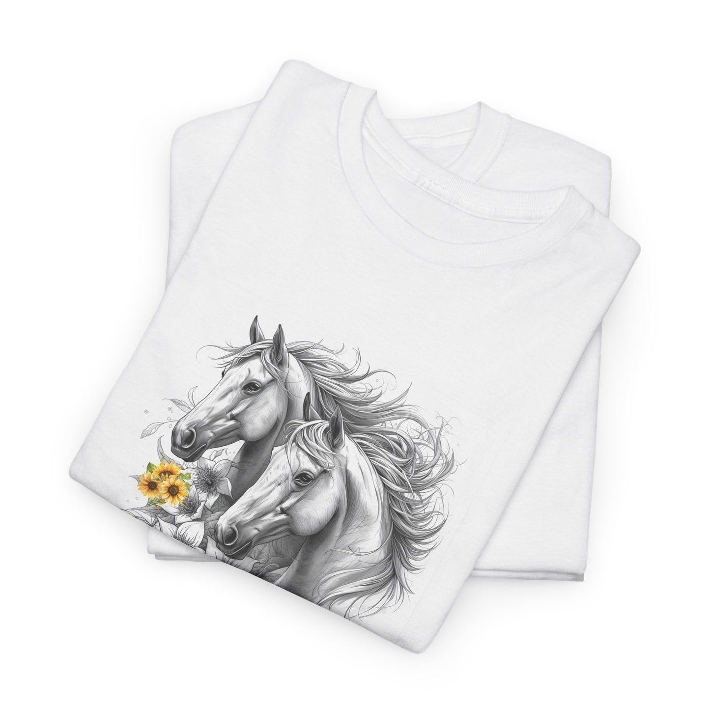 White t-shirt with horse design on a white background