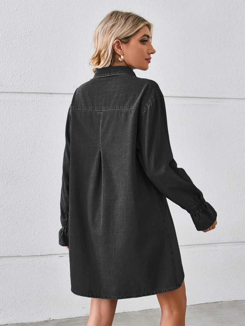 Black denim front button-up collared mini dress with front button pockets