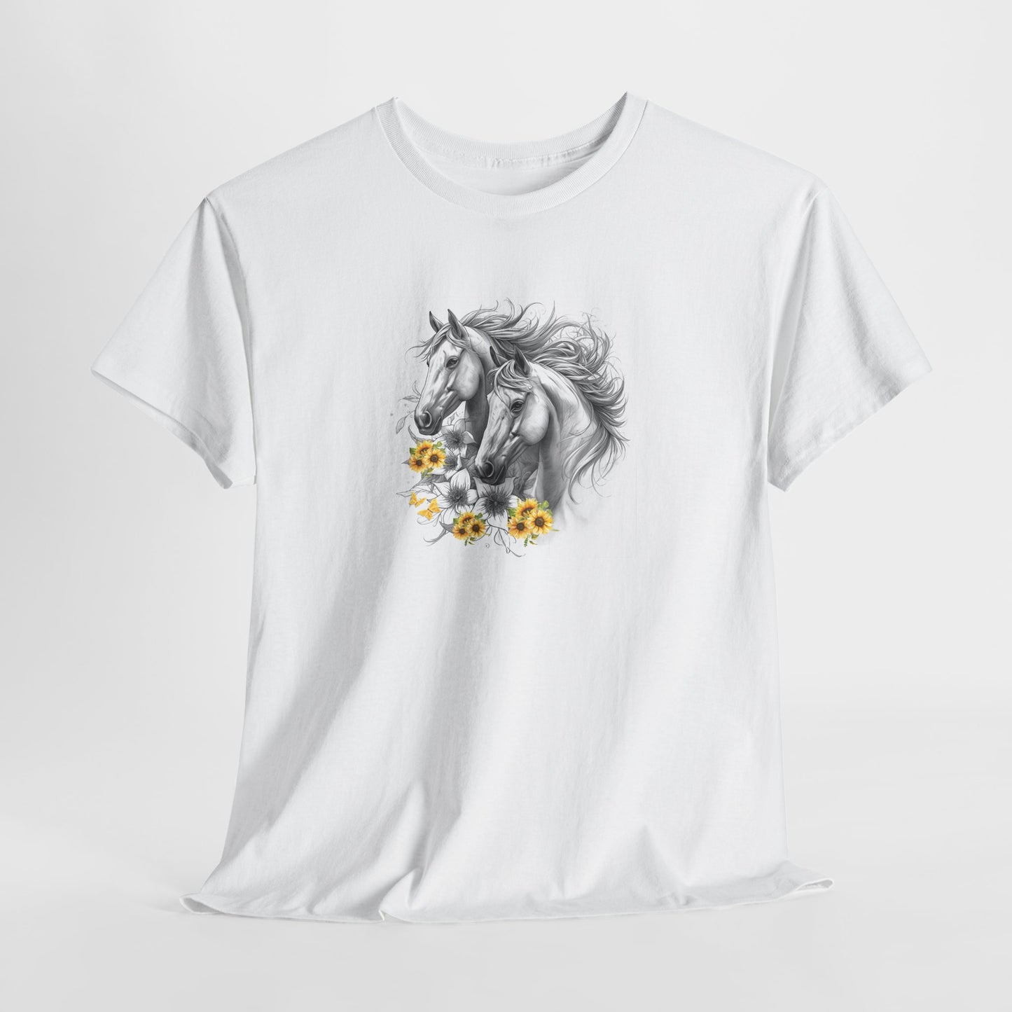 White t-shirt with horse and flower design on a light gray background