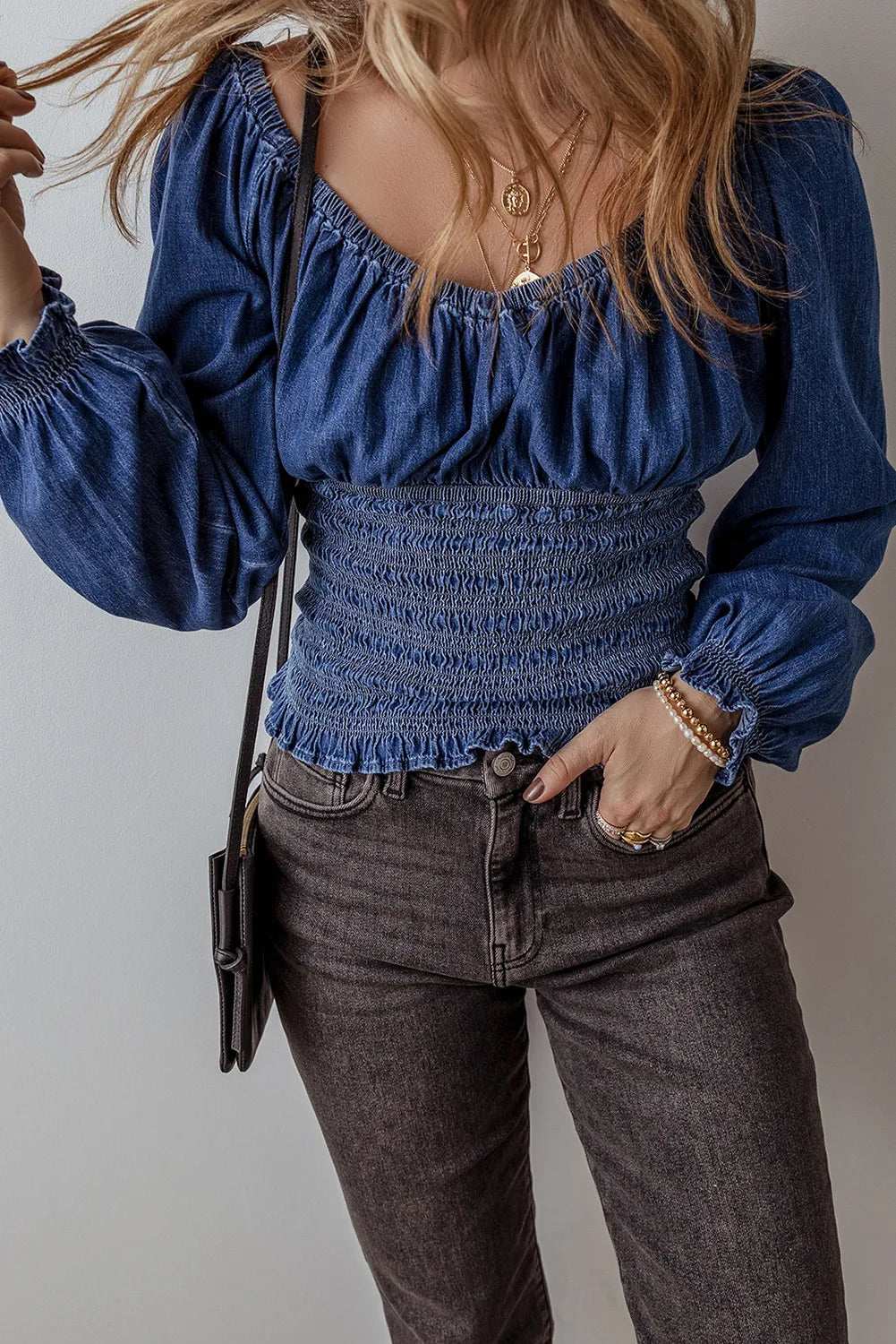 Blue denim smocked long sleeve stretch waist casual top