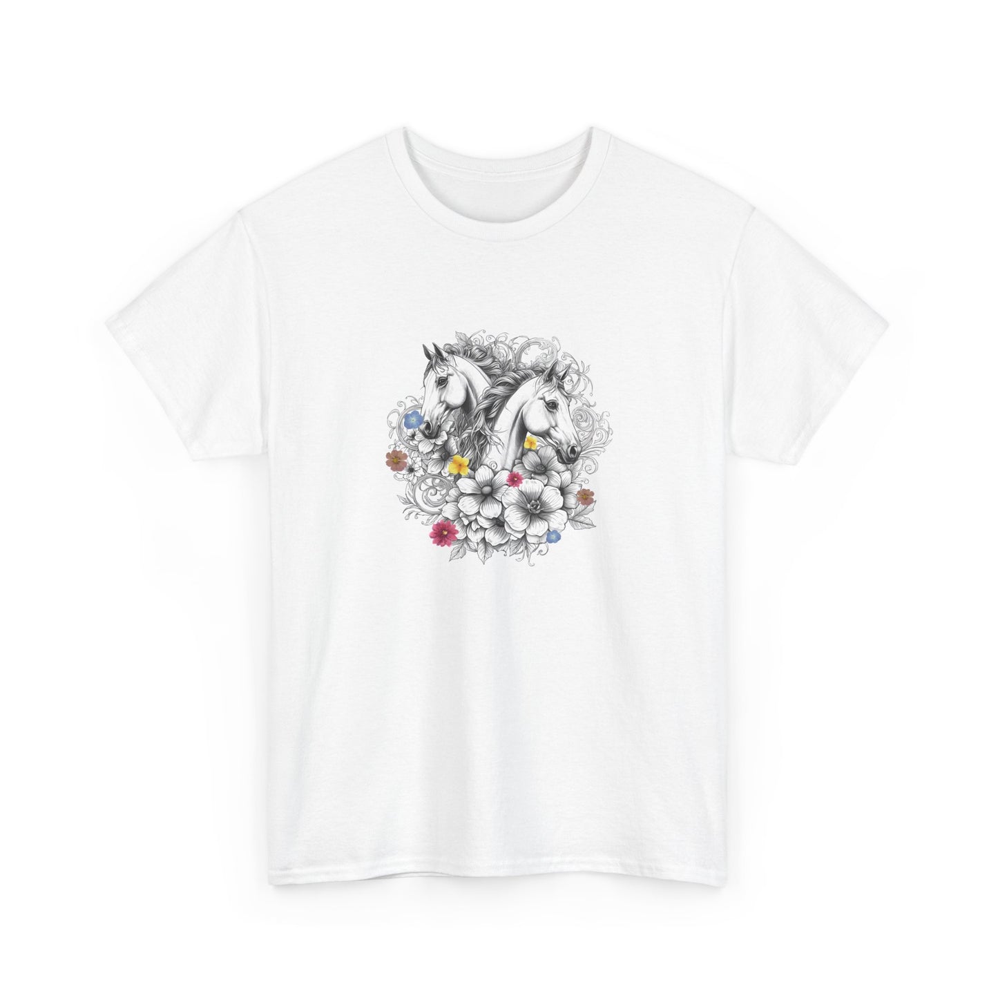 White t-shirt with a decorative unicorn and floral design on a white background