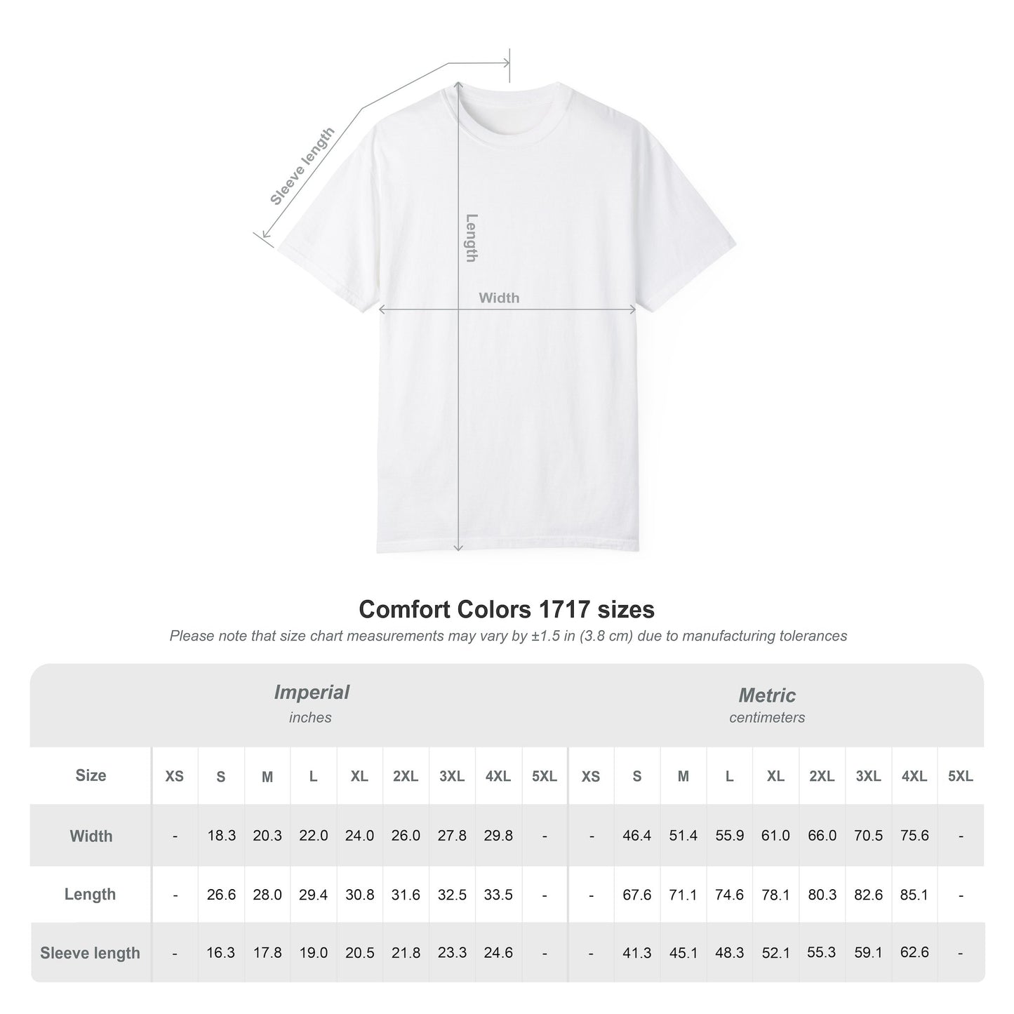 A white tee shirt with size and measurements.