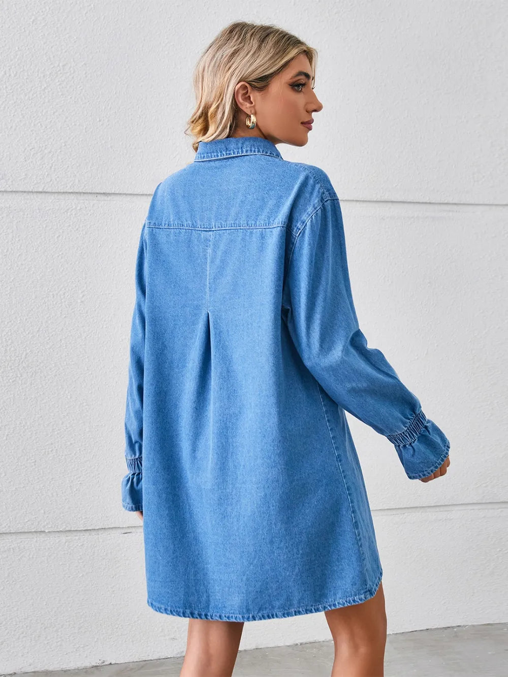 Blue denim front button-up collared mini dress with front button pockets