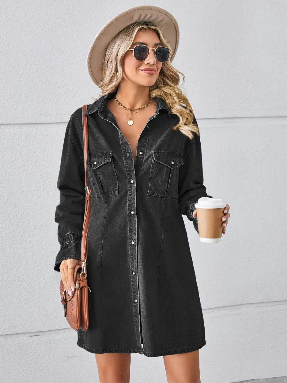 Black denim front button-up collared mini dress with front button pockets