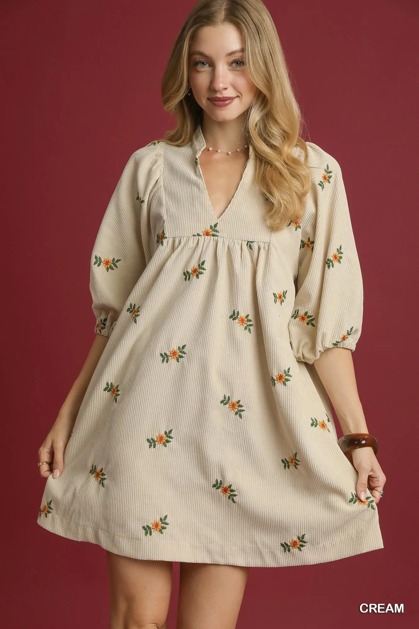 Corduroy floral print embroidered mid sleeve v-neck collared creme color mini dress