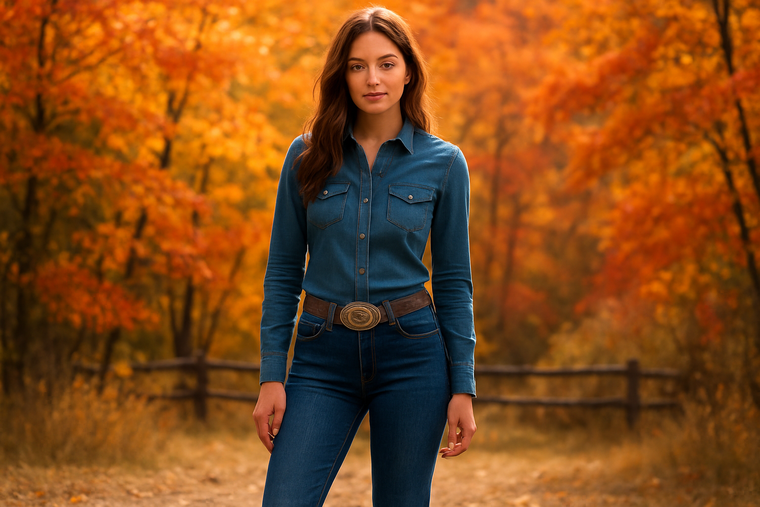 women wearing blue denim western jeans with Autumn in the background