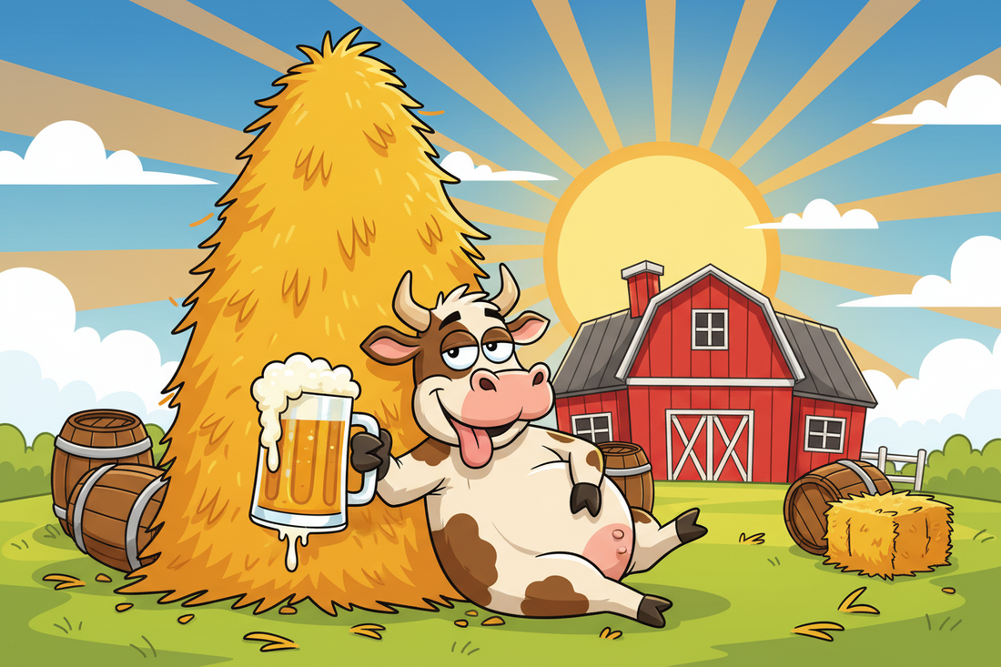 Drunk cow leaning on a pile of hay with a barn and ranch in the background