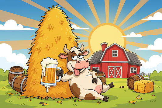 Drunk cow leaning on a pile of hay with a barn and ranch in the background