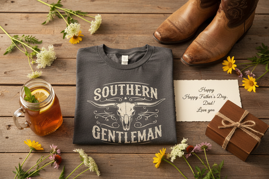 Southern Father's Day gift flat lay with graphic tee, handwritten card and cowboy boots - Bella Southern Boutique