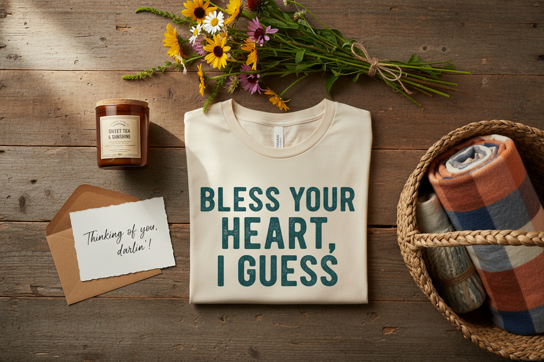 Southern girl gift flatlay with graphic tee, candle, and wildflowers - Bella Southern Boutique
