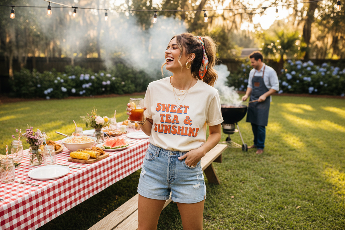 Stylish southern woman in graphic tee and denim shorts at a summer backyard cookout - Bella Southern Boutique