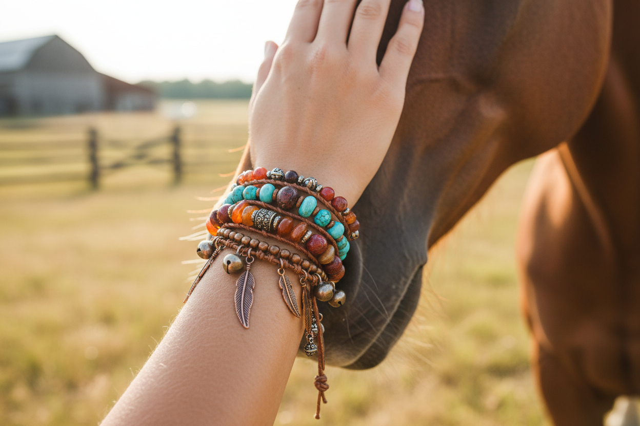 Girl's hand wearing beaded boho bracelet petting a horse with barn, wooden fence, dry grass and sky in background