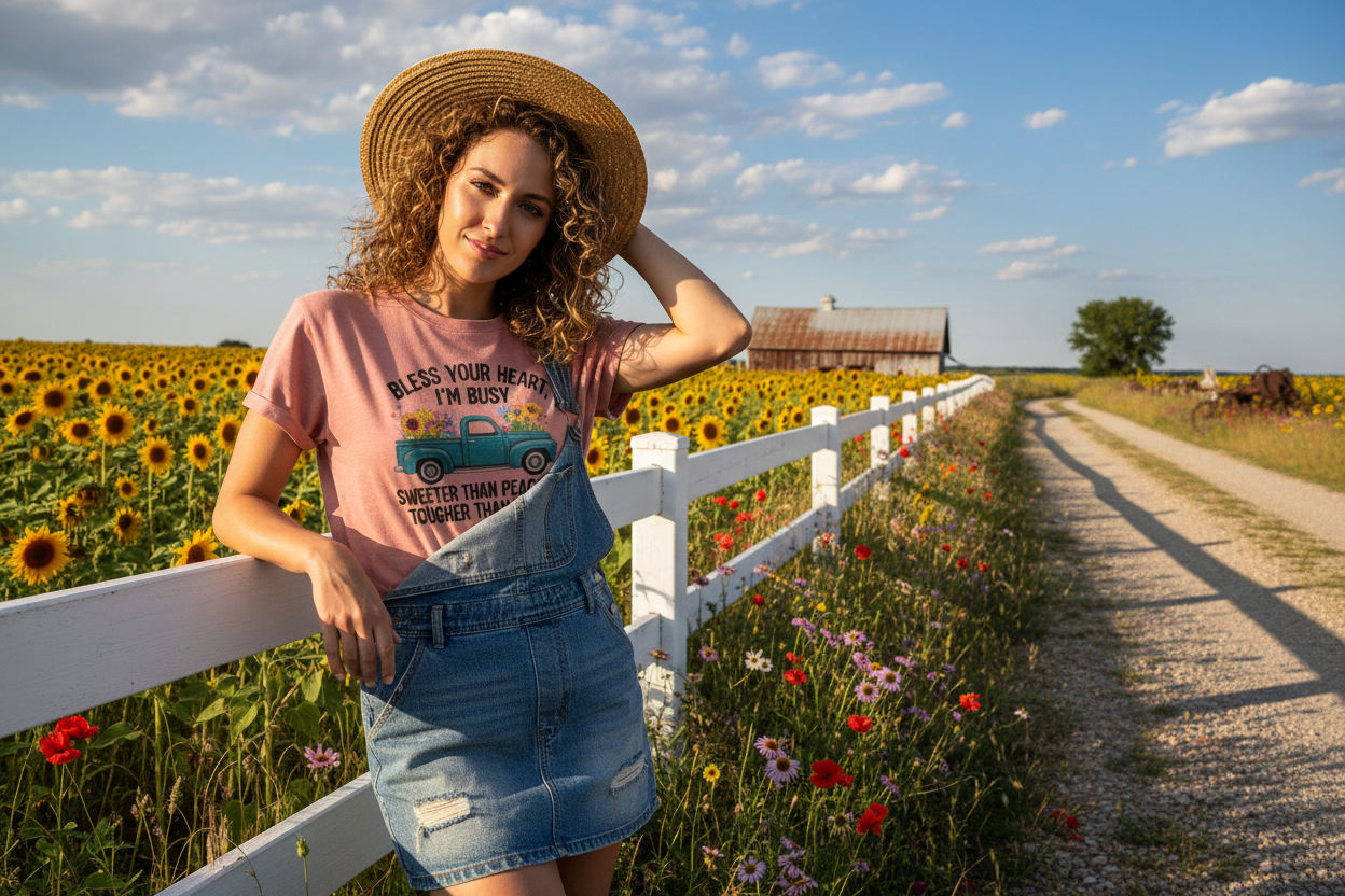 Girl with hat wearing graphic southern t-shirt and jean skirt overalls with blue sky and clouds, white fence, dirt road and tall grass with flowers