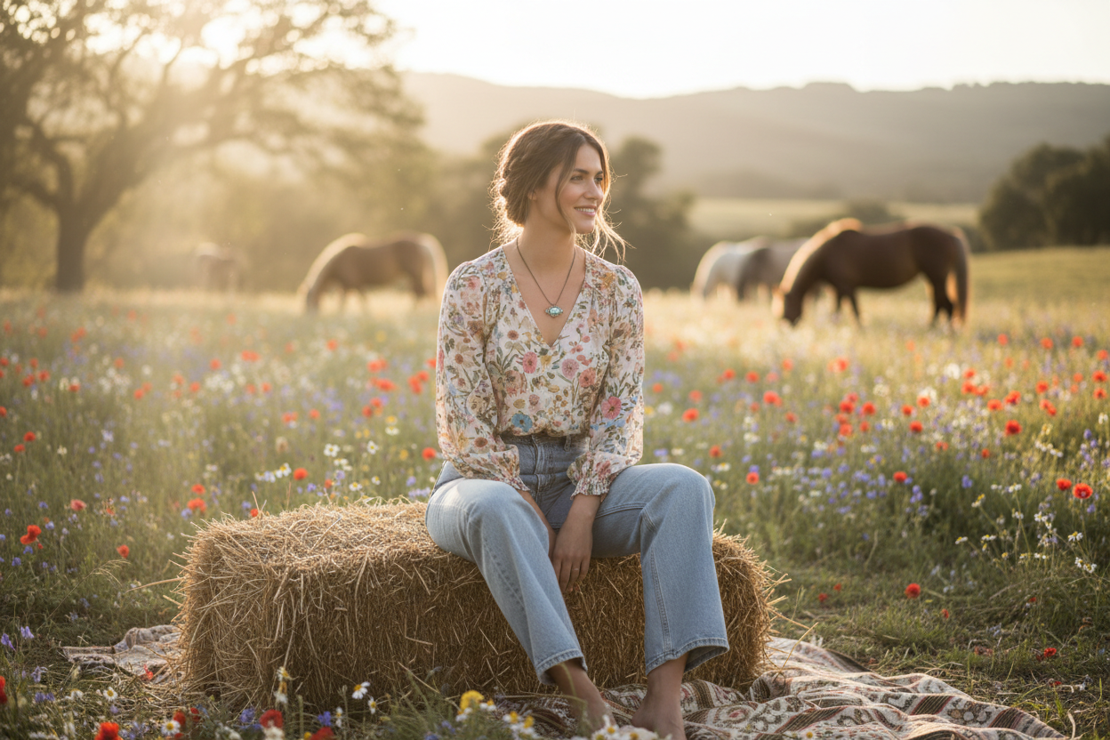 A woman sitting on a bale of hay wearing a spring blouse and jeans surrounded by horses and nature.