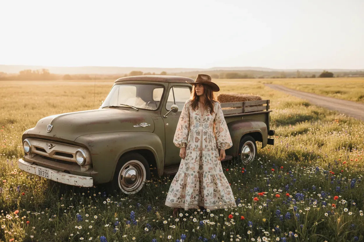 girl-in-cowboy-hat-and-floral-boho-dress-by-old-pickup-truck-in-flower-field.webp