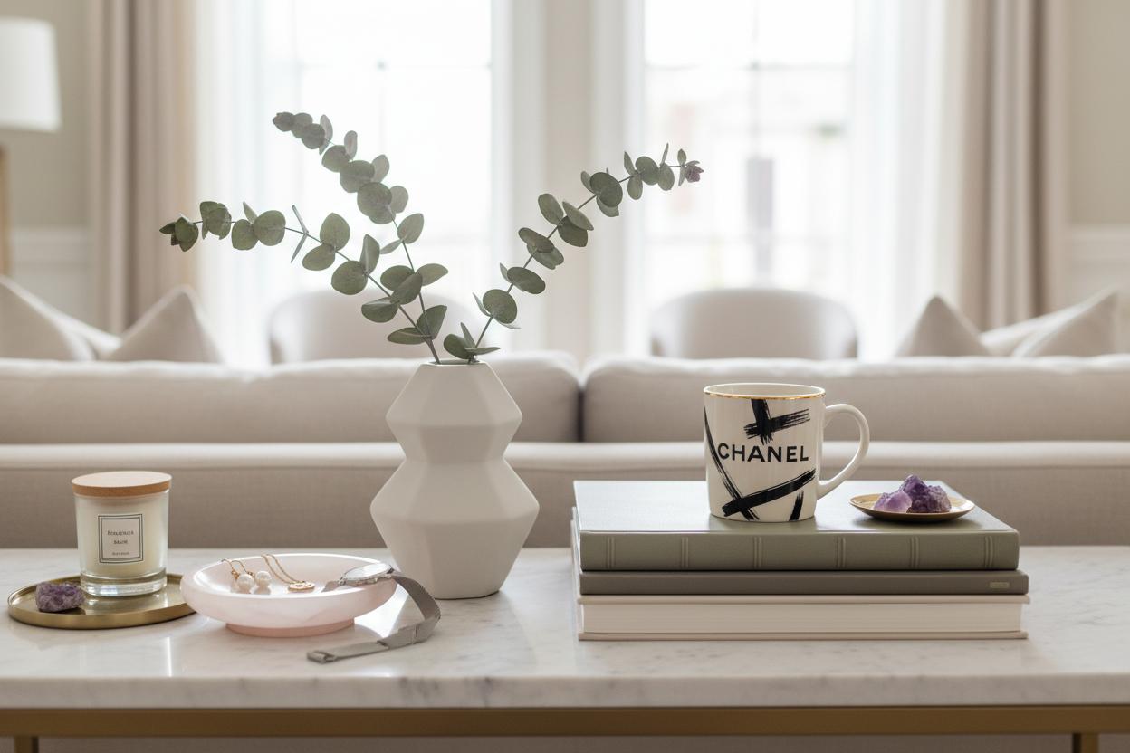 Home decor, jewelry, and designer mugs displayed together in a sunlit living room with curtains in the background