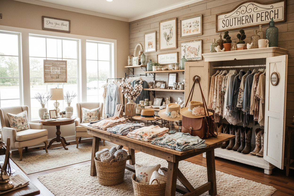 Boutique clothing folded on table with clothing hanging on wooden shelf, chairs, end table and baskets with clothes, sunlight and curtains