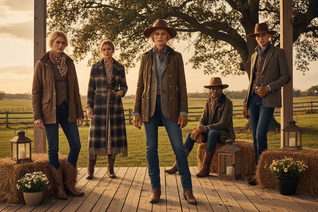 Men and women dressed in southern style outerwear in a country setting with wooden fence, green grass, hay stacks, lamp, green trees and sky