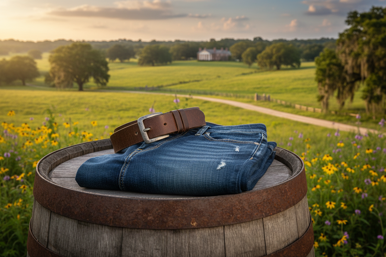 Pair of jeans and belt on a barrel in bright southern ranch style background with grass, flowers and trees