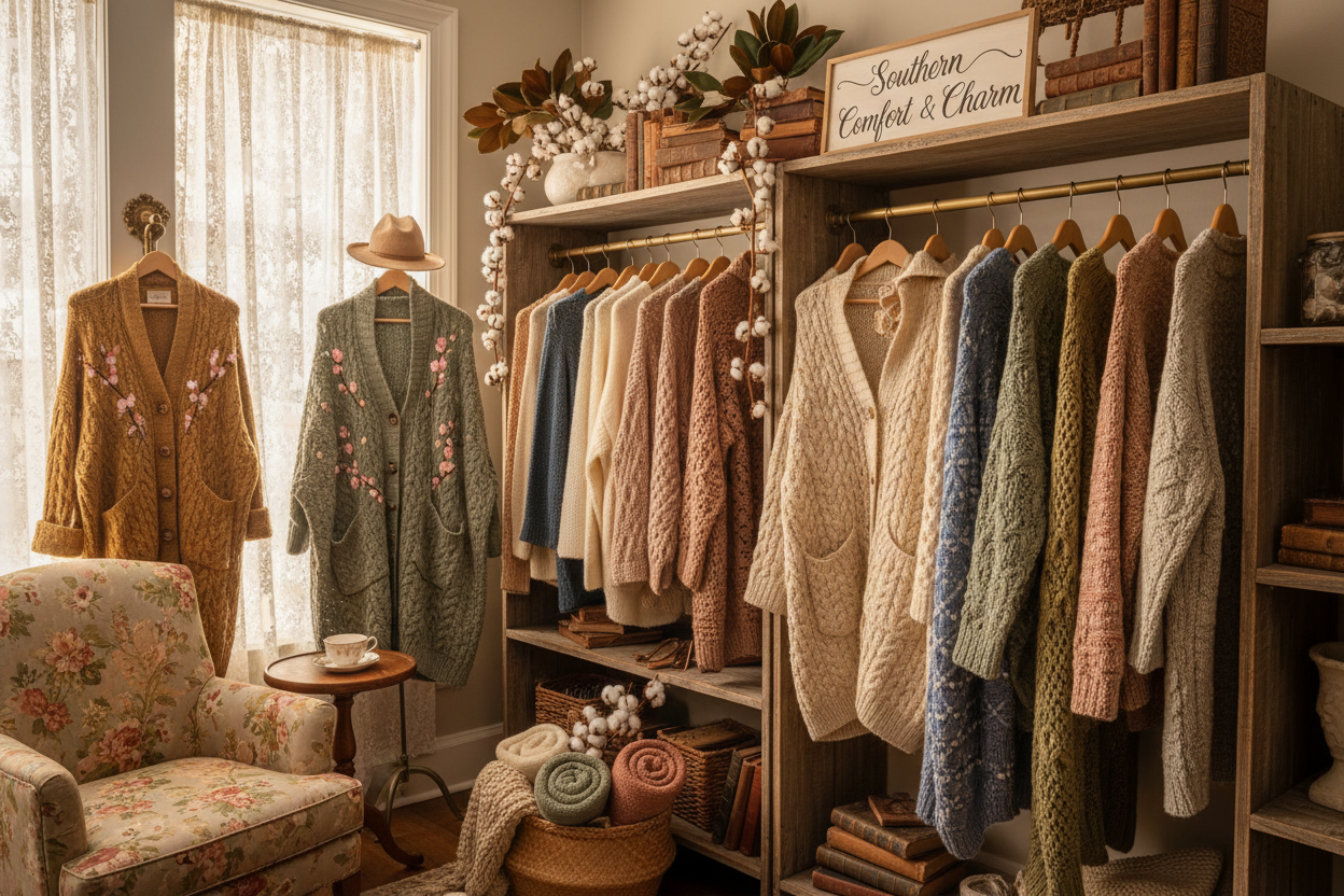 Sweaters and cardigans hanging in sunlight with curtains in the background, chair and plants