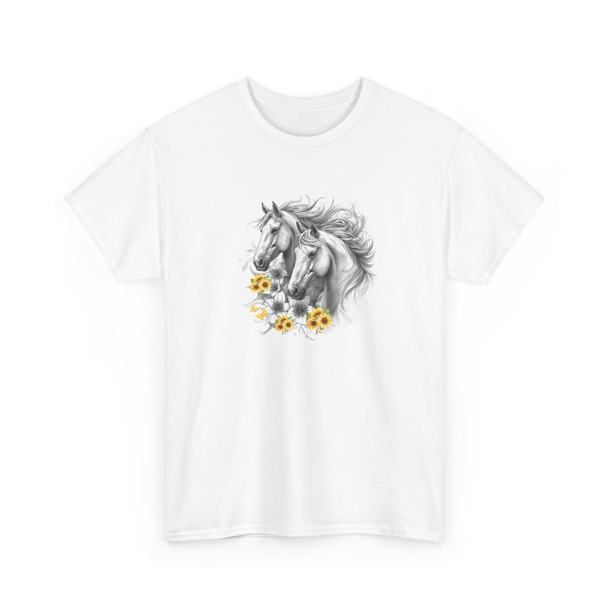 White t-shirt with a horse and sunflower design on a white background