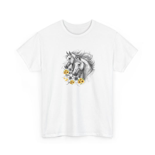 White t-shirt with a horse and sunflower design on a white background