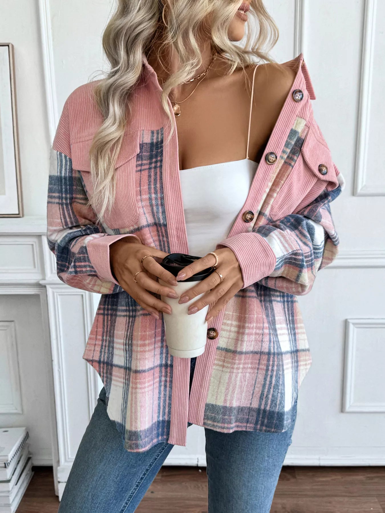 long sleeve checker multi plaid pink button-up with chest pockets shacket