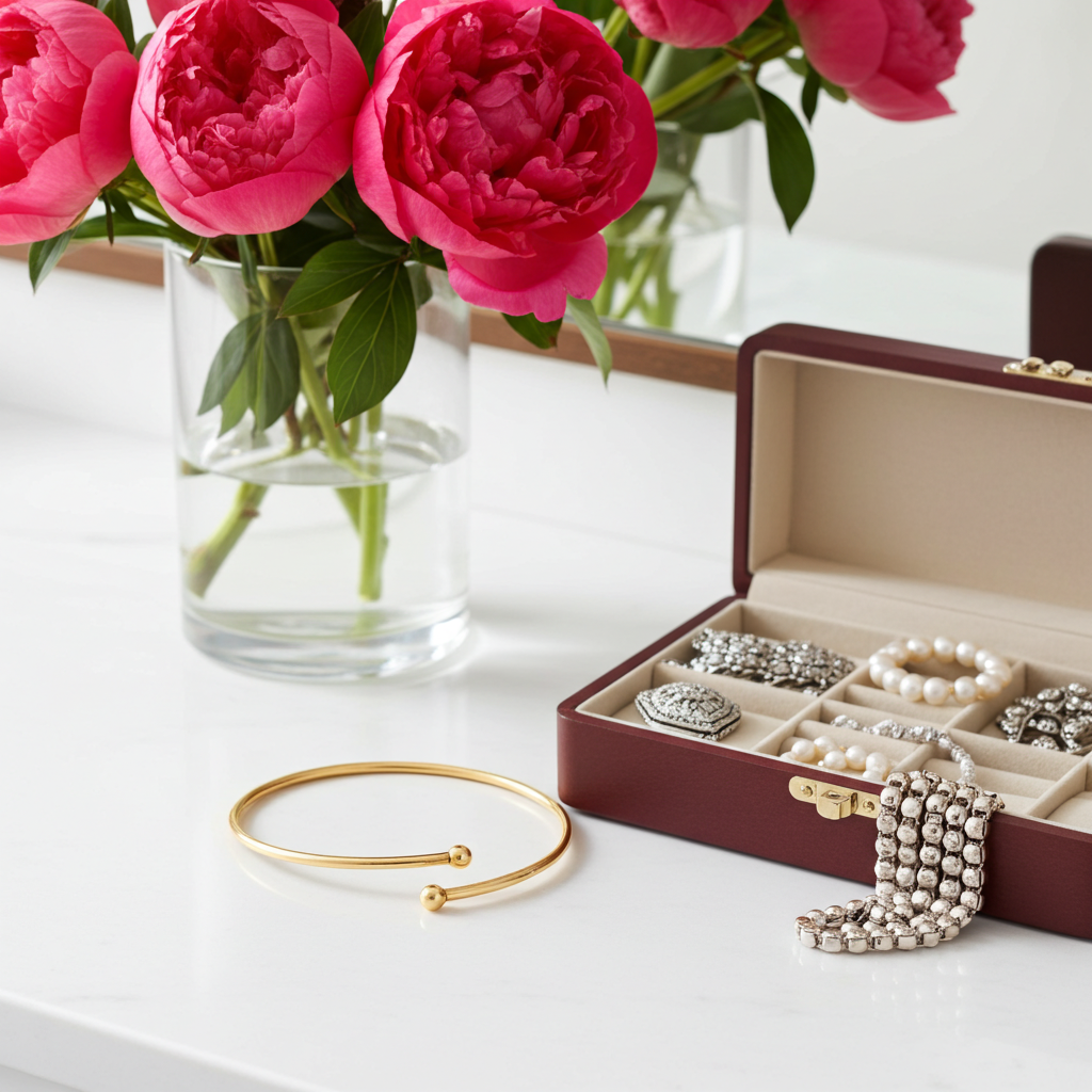 Jewelry box with jewelry, gold bracelet, and pink flowers in the background