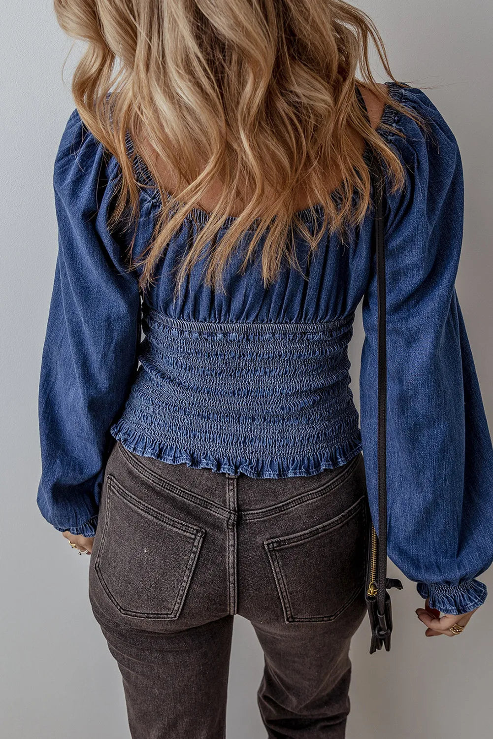 Blue denim smocked long sleeve stretch waist casual top