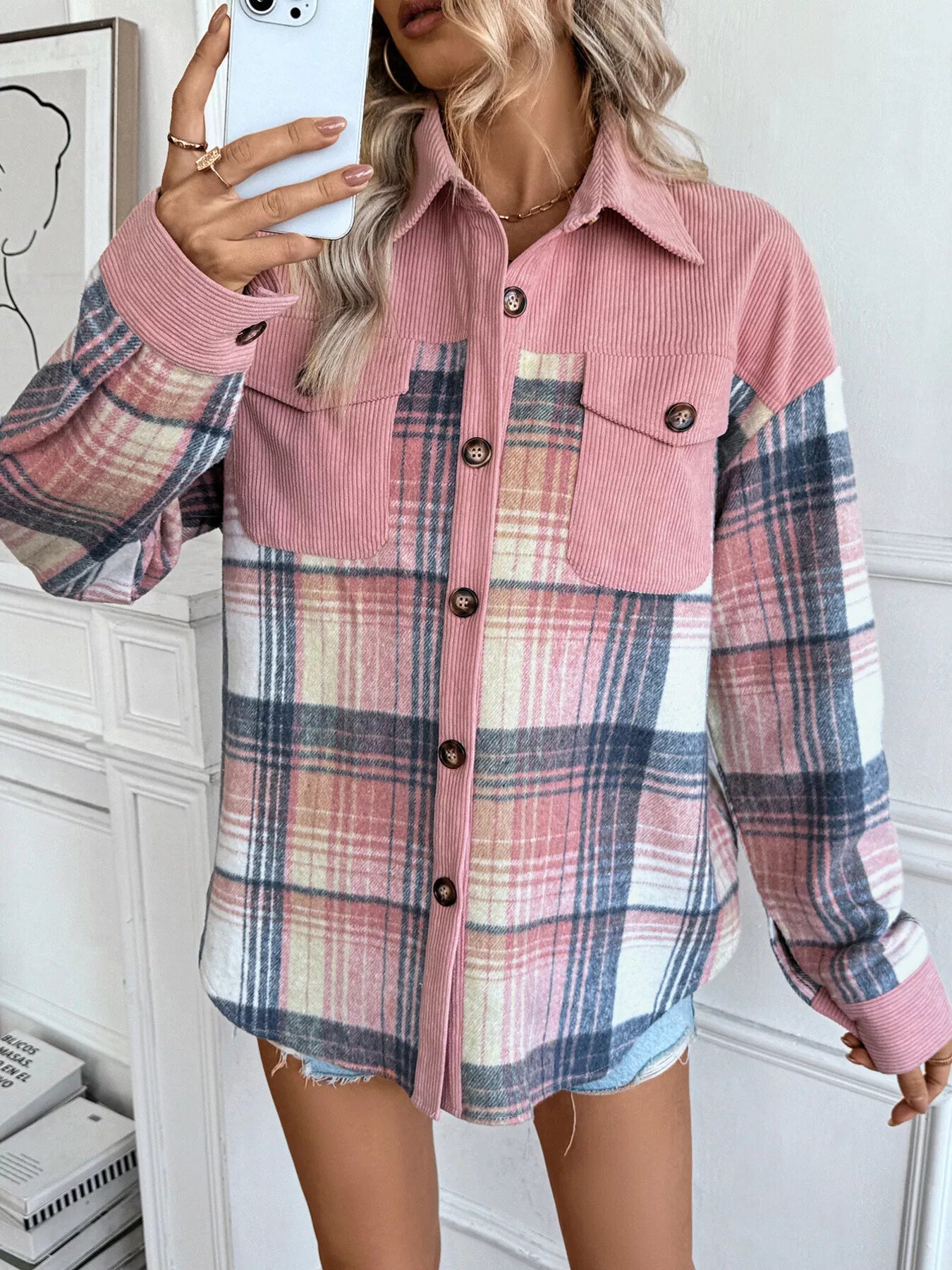 long sleeve checker multi plaid pink button-up with chest pockets shacket