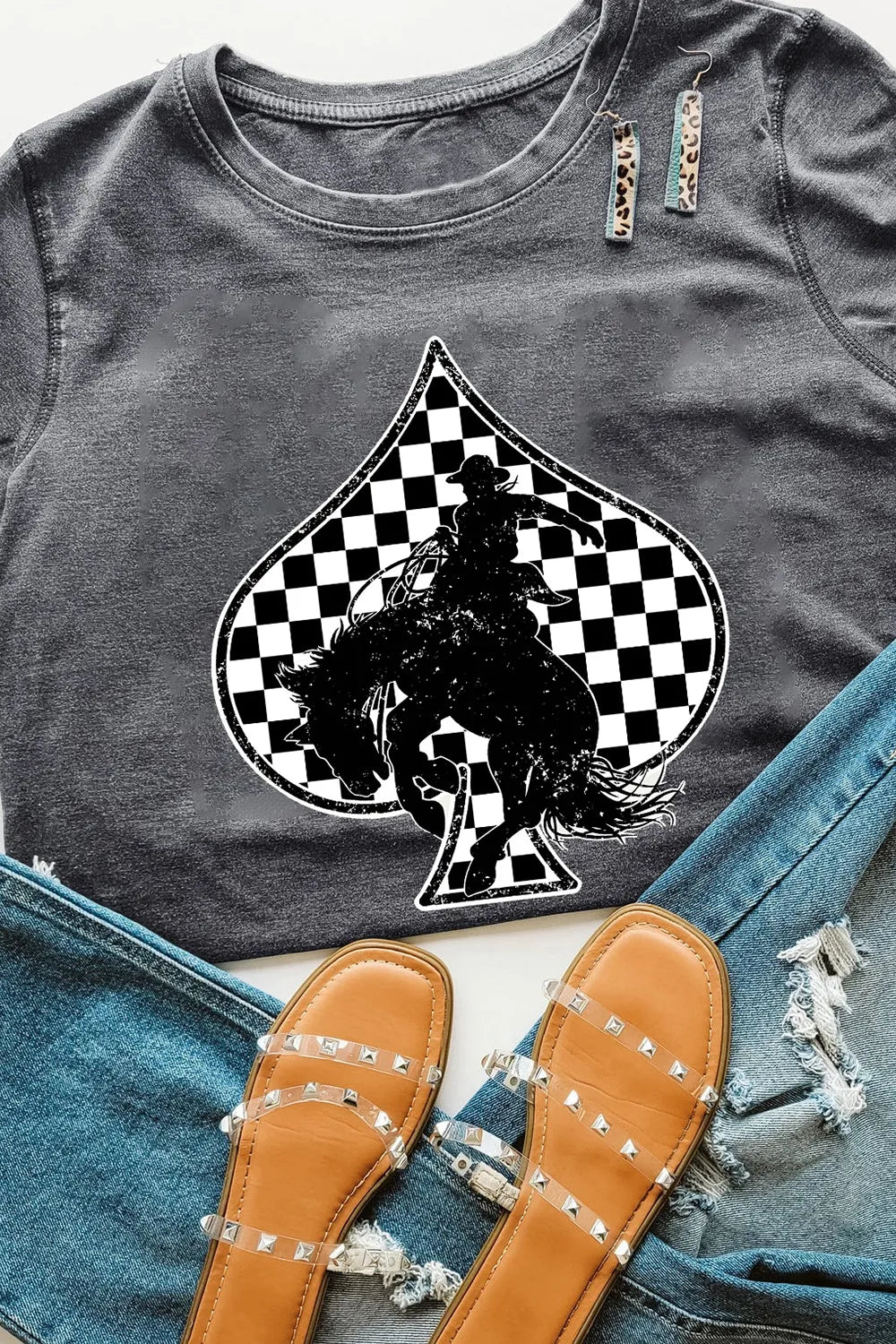 Checker ace of spades rodeo western gray graphic print tee shirt