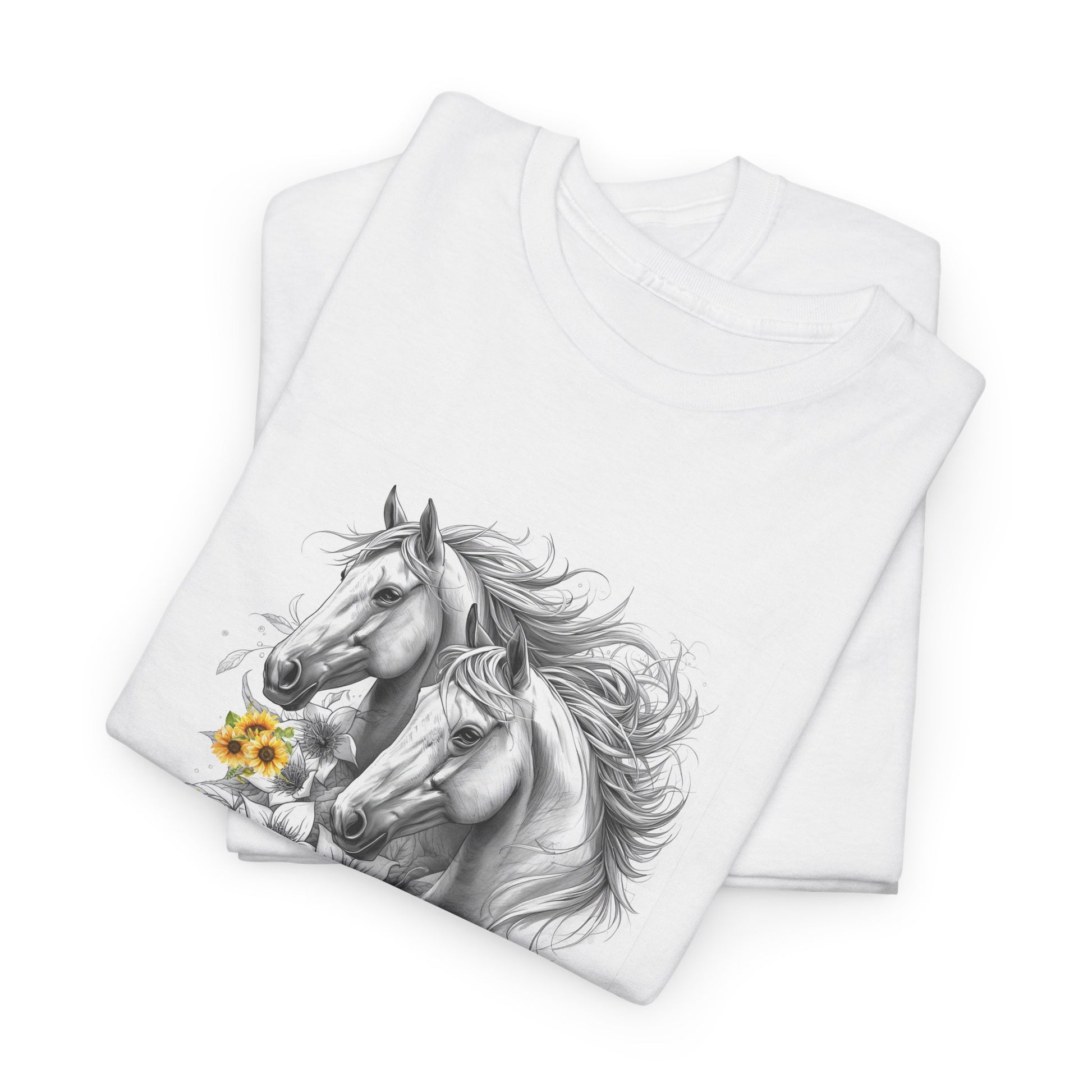 White t-shirt with horse design on a white background