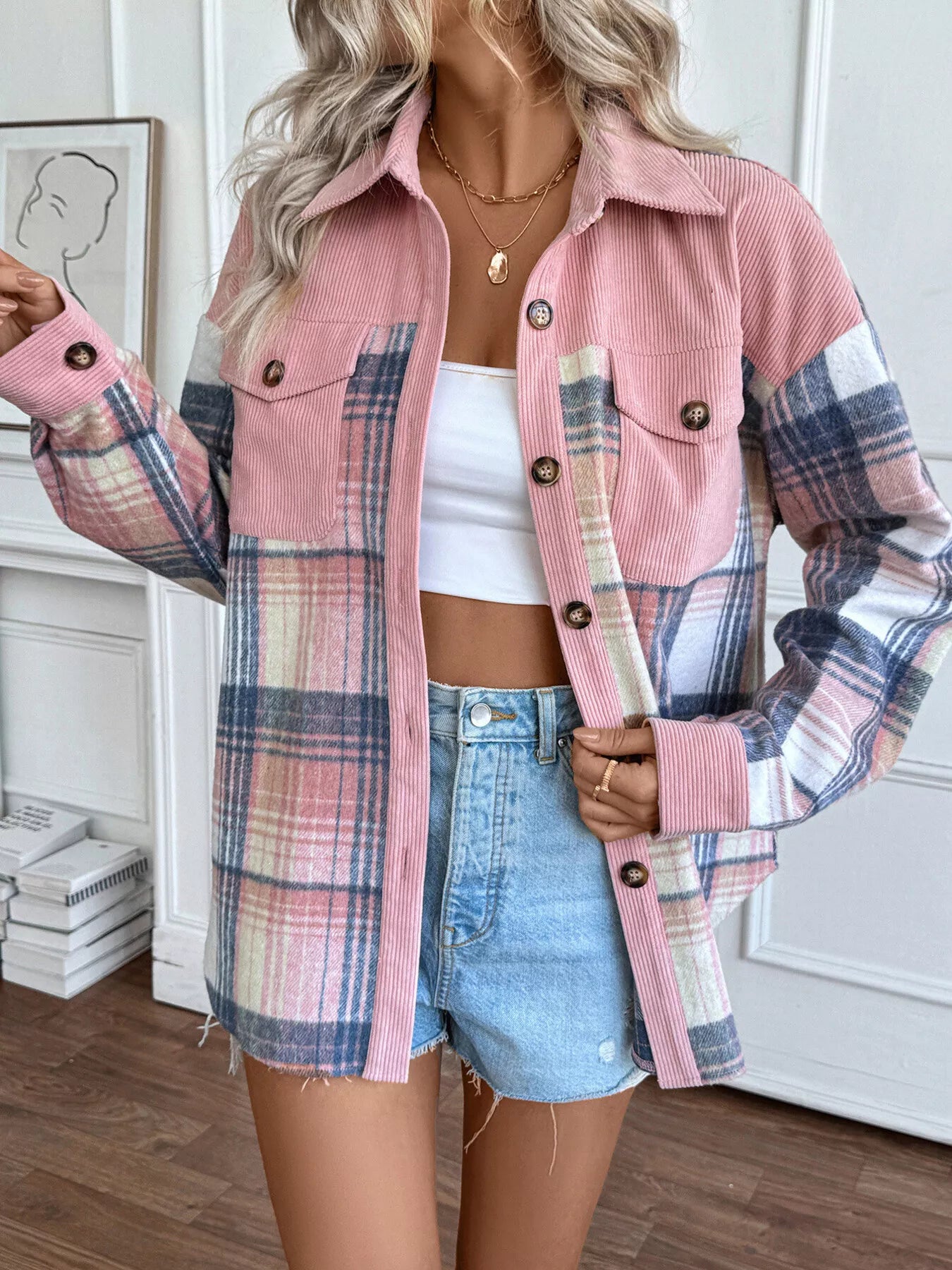 long sleeve checker multi plaid pink button-up with chest pockets shacket