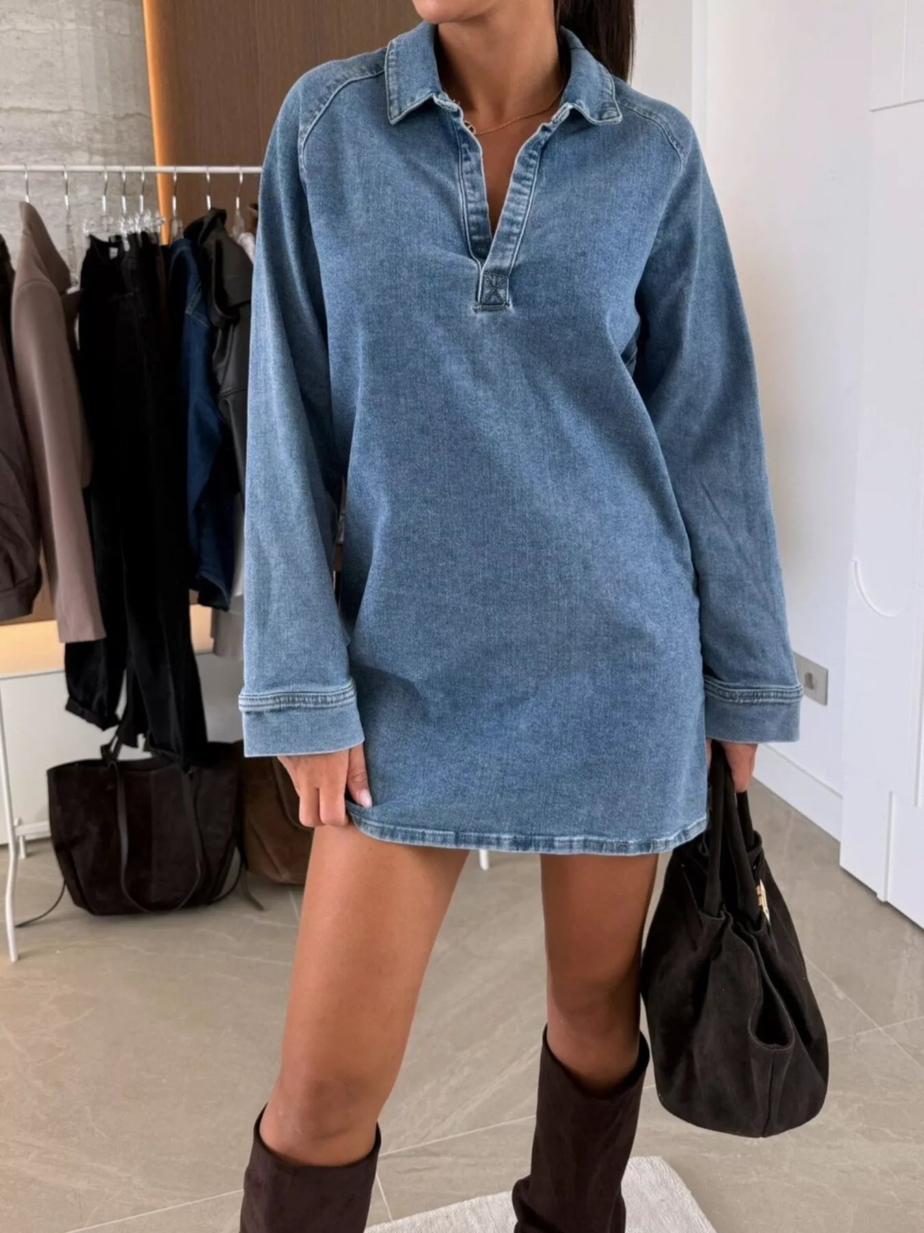Blue denim collared v-neck long sleeve mini dress