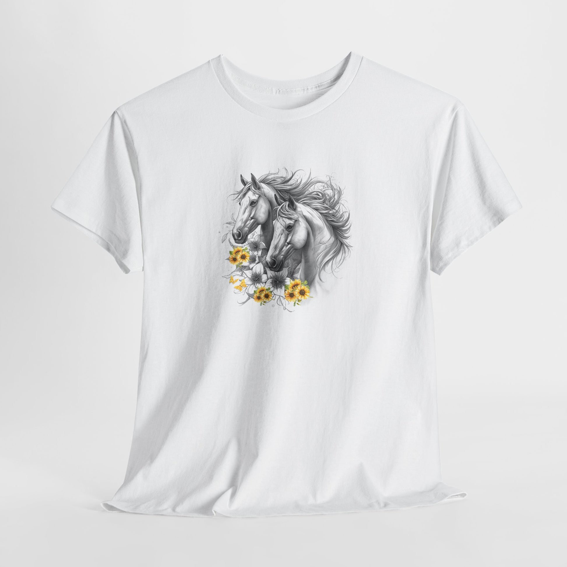 White t-shirt with horse and flower design on a light gray background