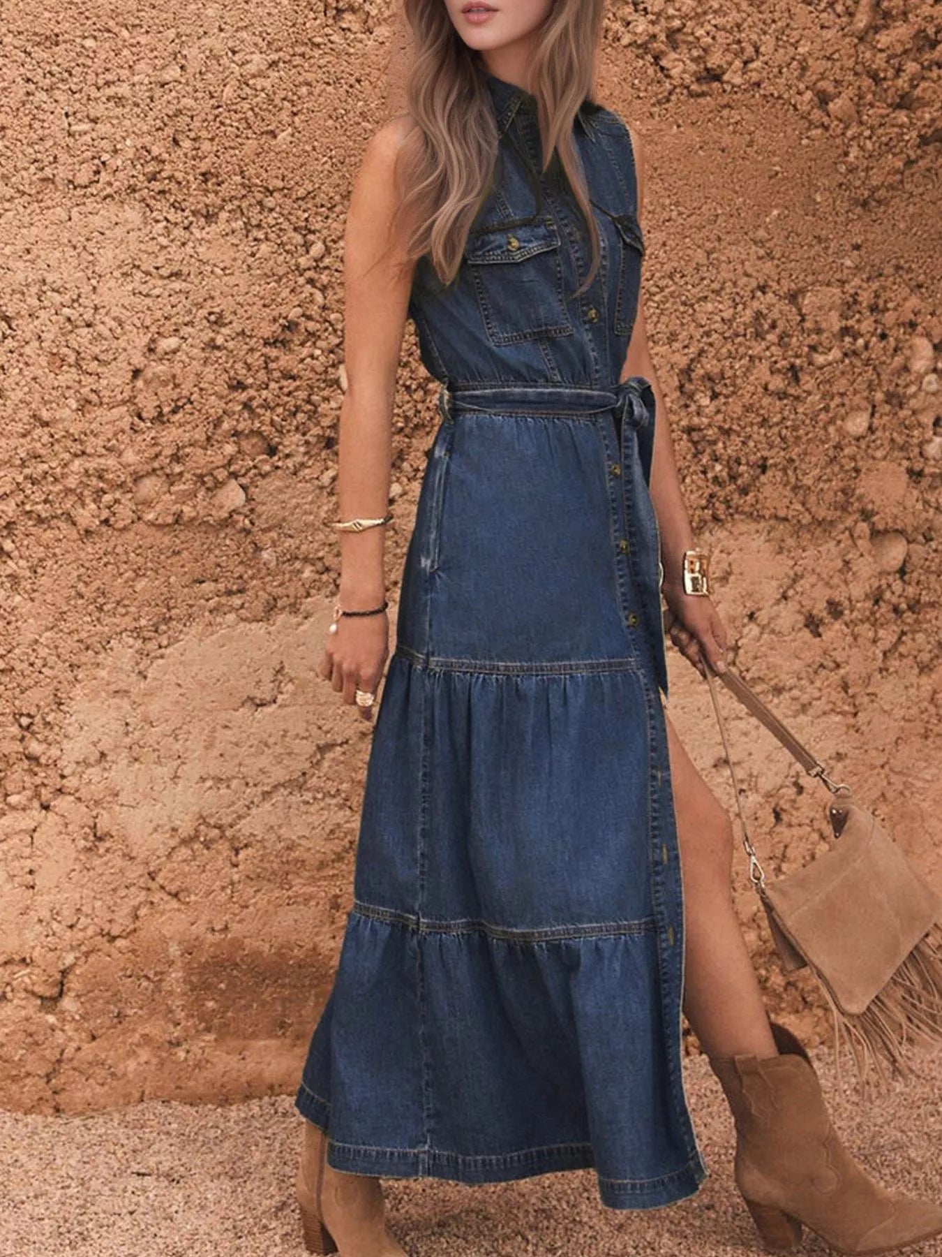 Blue denim front button-up long dress with front pockets and waist tie