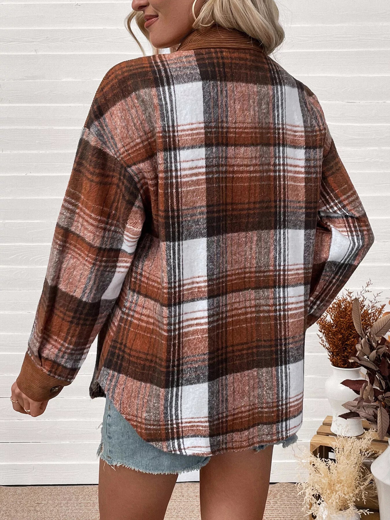 long sleeve checker multi plaid brown button-up with chest pockets shacket