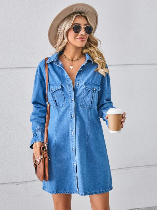 Blue denim front button-up collared mini dress with front button pockets