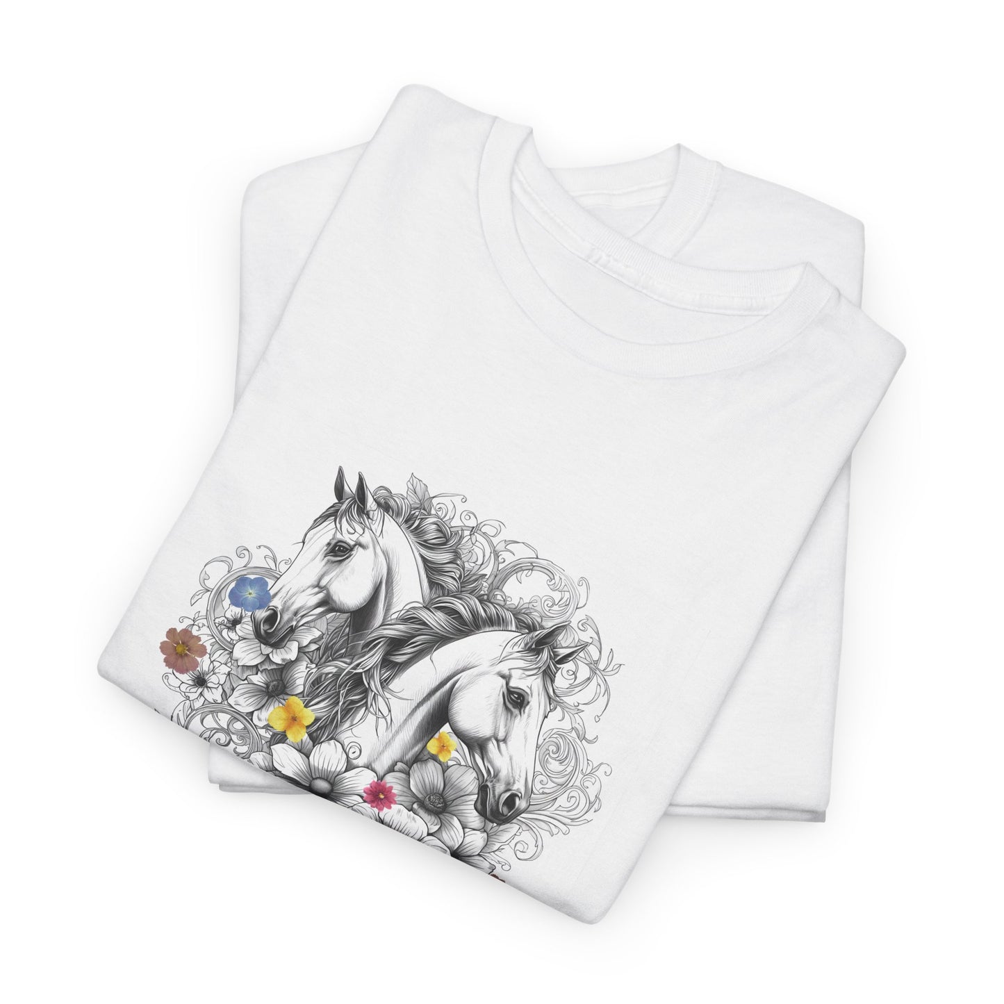 White t-shirt with horse design on a white background