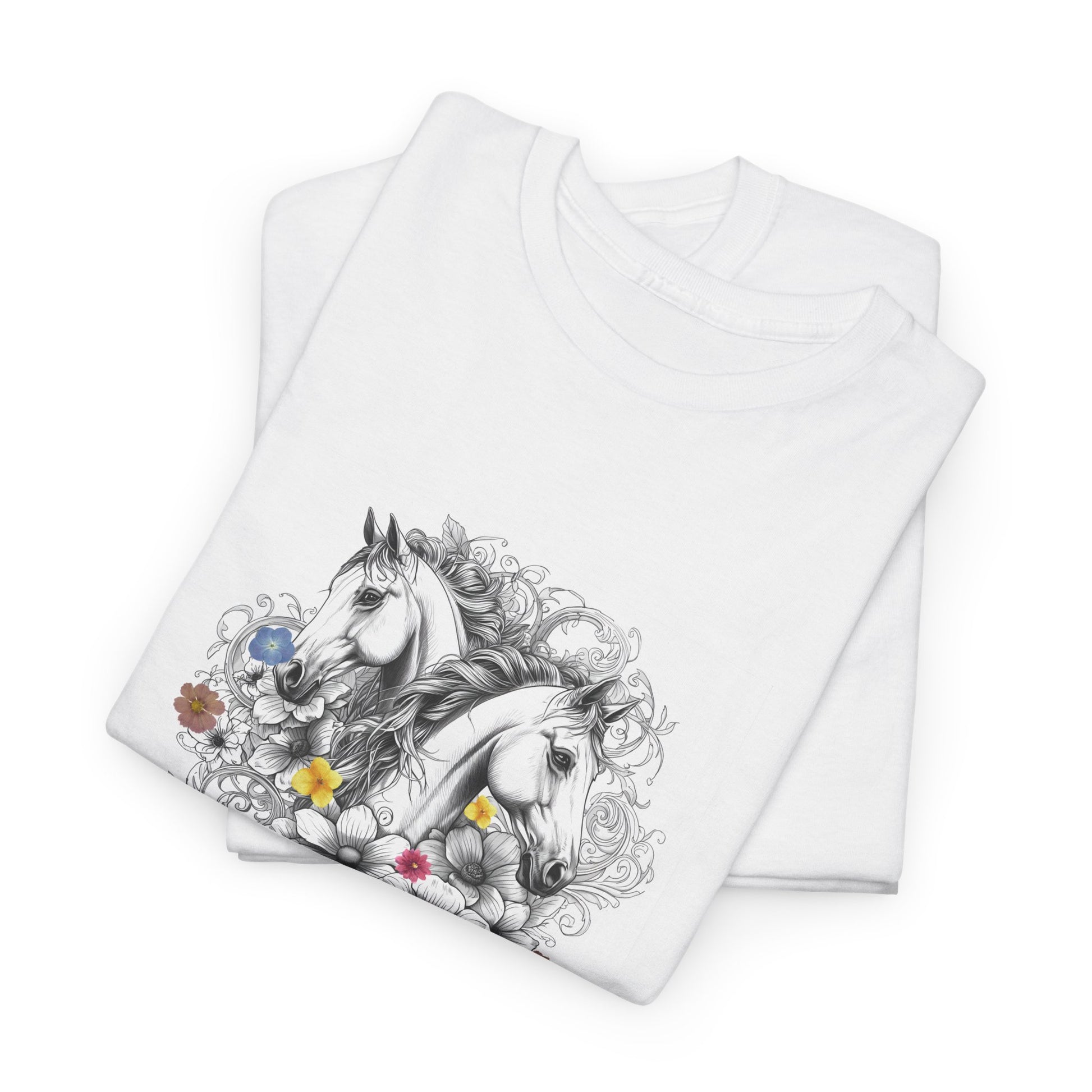 White t-shirt with horse design on a white background