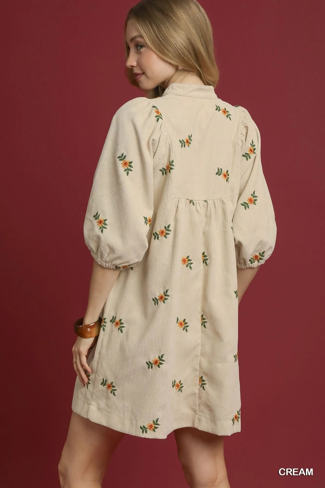 Corduroy floral print embroidered mid sleeve v-neck collared creme color mini dress