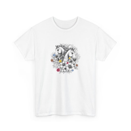 White t-shirt with a decorative unicorn and floral design on a white background
