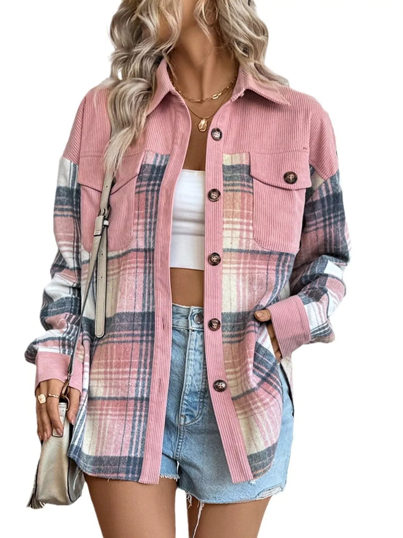 long sleeve checker multi plaid pink button-up with chest pockets shacket