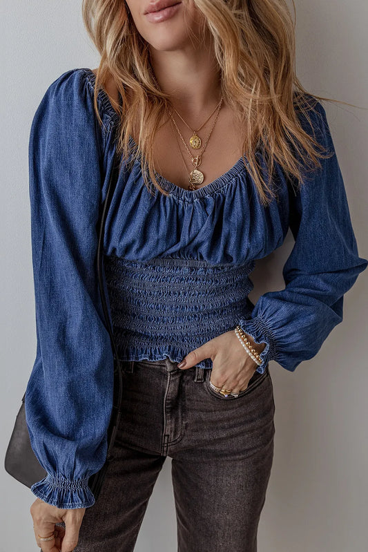 Blue denim smocked long sleeve stretch waist casual top