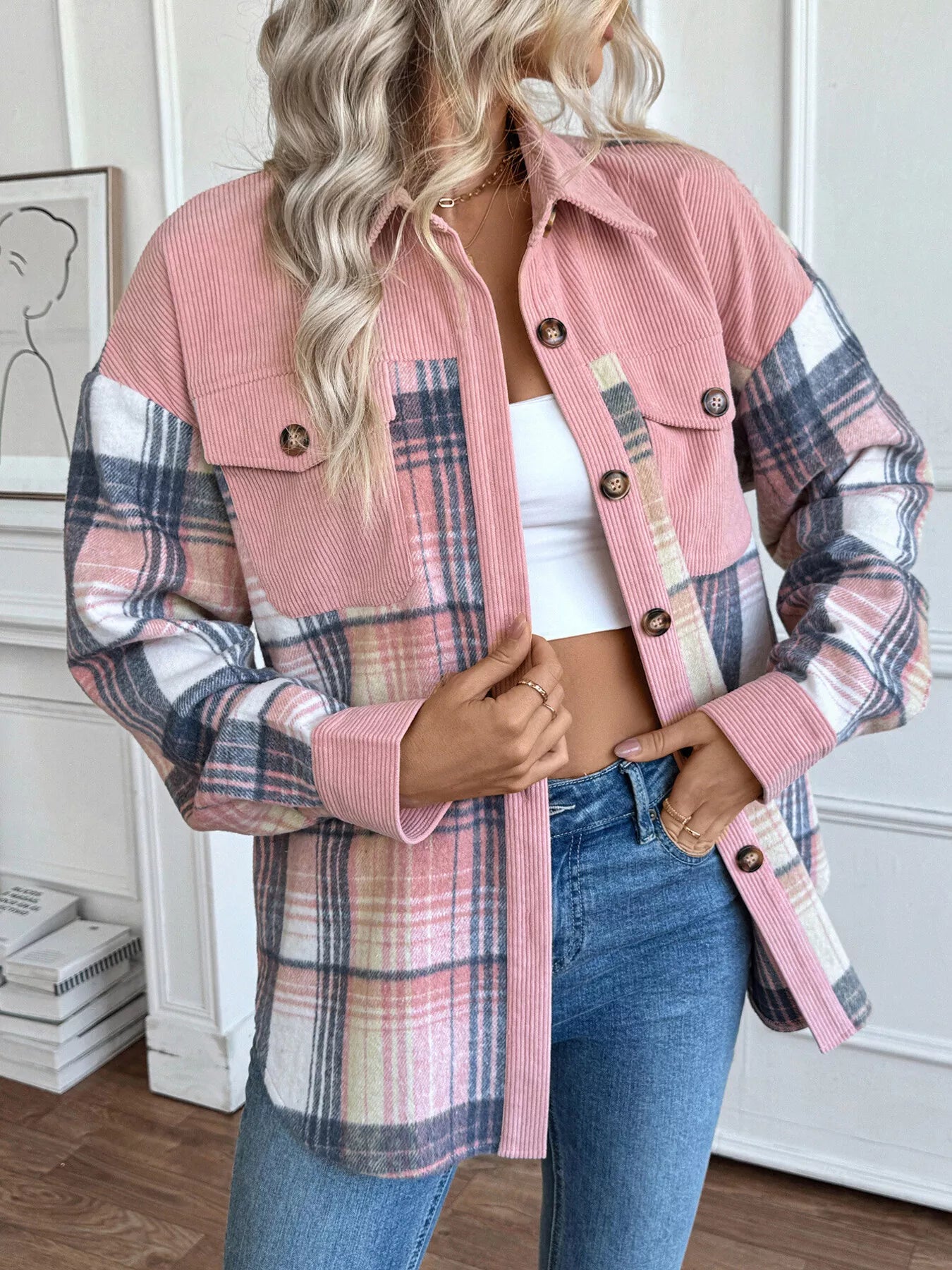 long sleeve checker multi plaid pink button-up with chest pockets shacket