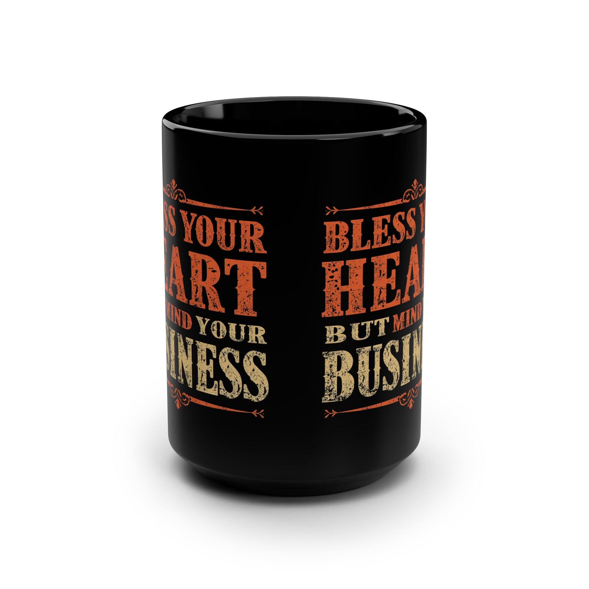 Black mug with text design on a white background