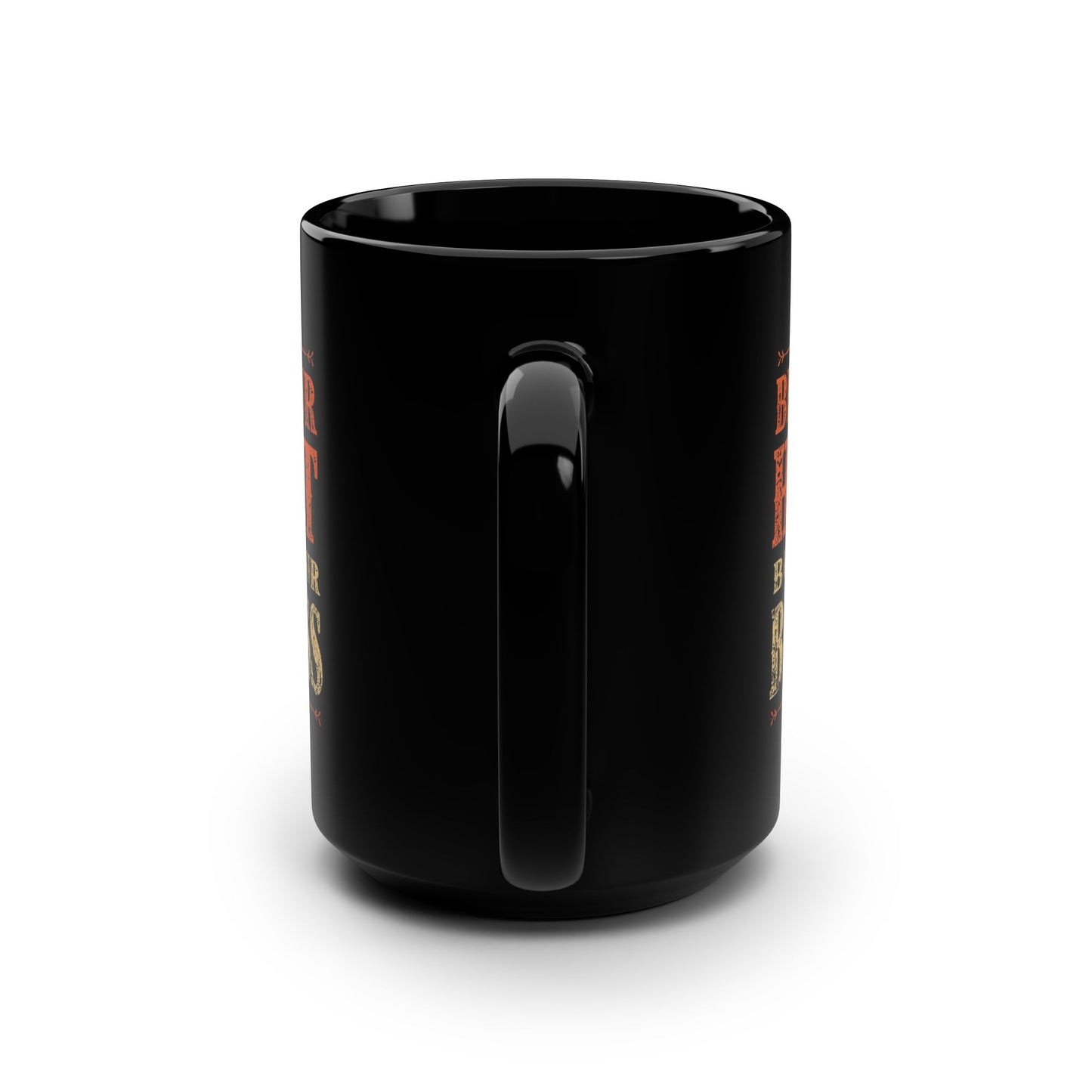 Black mug with text on a white background