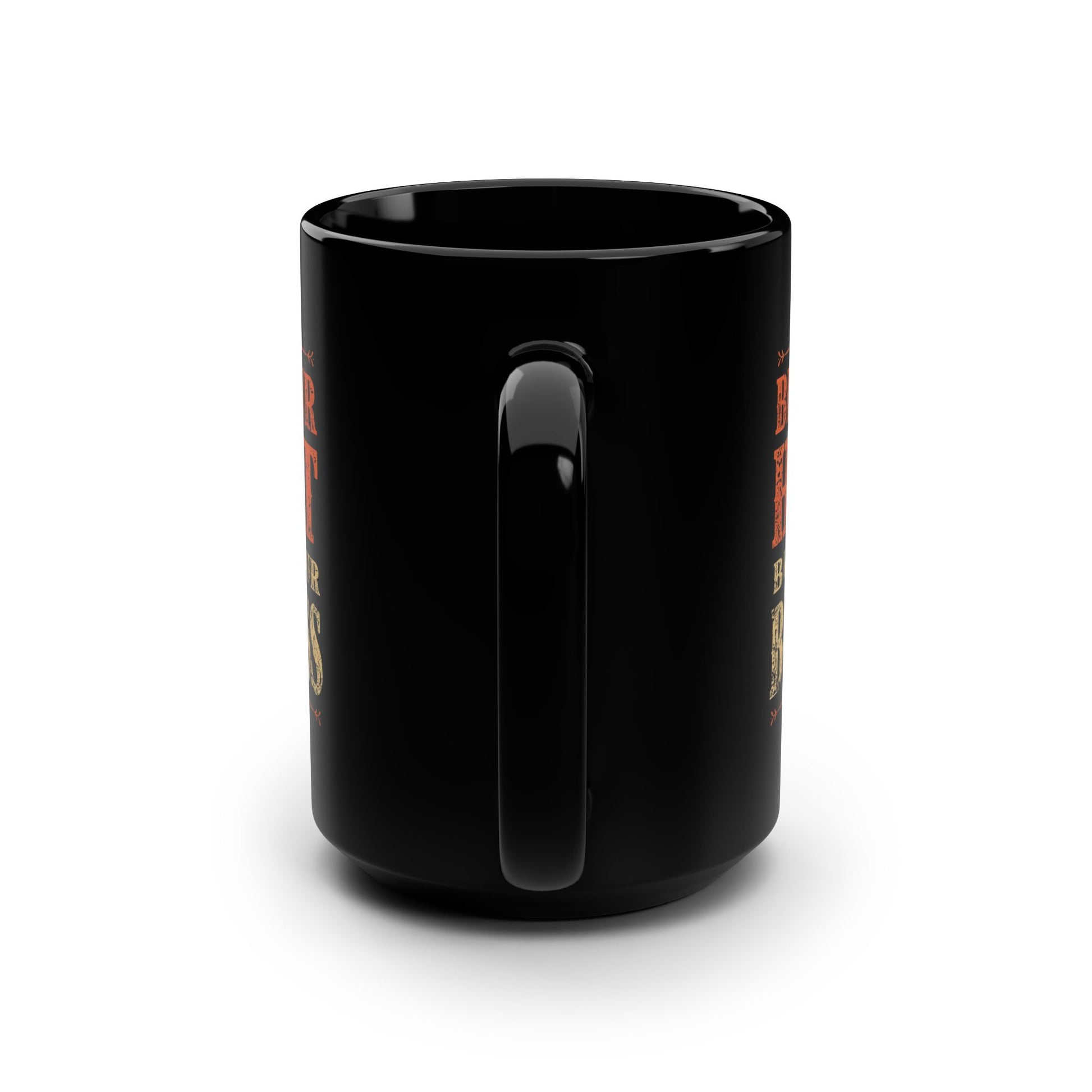 Black mug with text on a white background