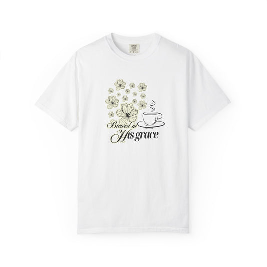 White tee shirt with flowers, coffee mug and brewed by his grace graphics.
